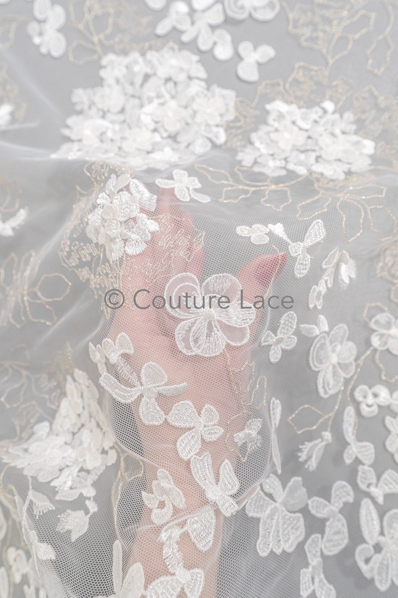 3D flower lace fabric/ bridal lace fabric/ romantic lace fabric with 3D flowers/ wedding lace fabric// L23-603