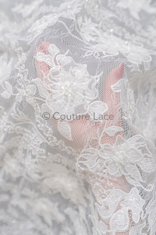 3D Blumen Spitzenstoff/ Braut Spitze Off-White/ romantischer Blumen Spitzenstoff/ Hochzeit Spitzenstoff// L23-608