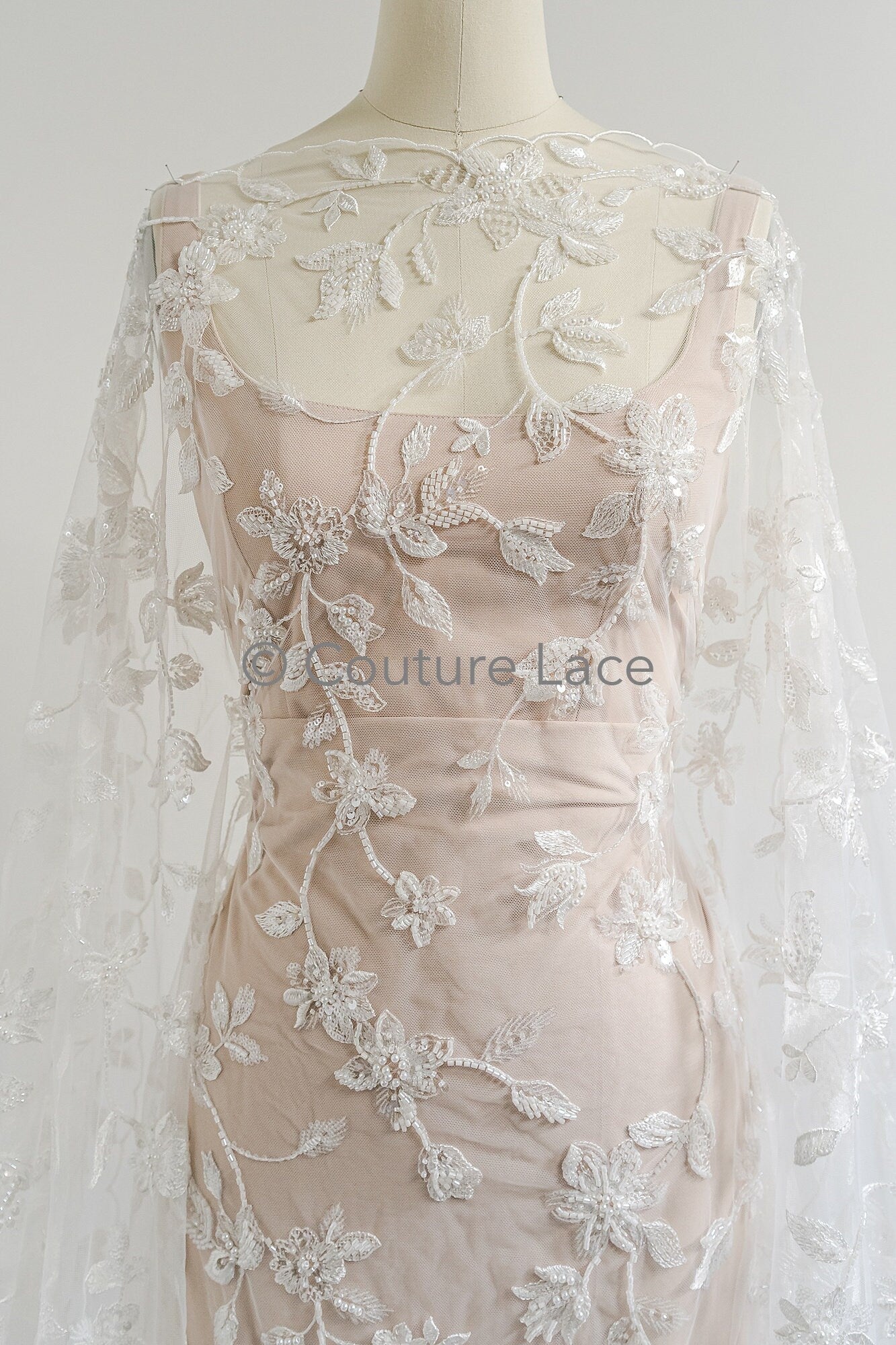 Perlen Spitzenstoff Off-White/ Couture Spitze Stoff/ Braut Spitzenstoff/ Perlen Spitze// L23-610