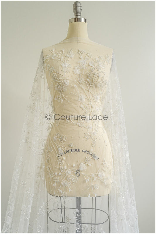 3D Blumen Spitzenstoff/ Perlen Braut Stoff/ romantischer Blumen Spitzenstoff mit 3D Blumen/ Hochzeit Spitzenstoff // L22-476
