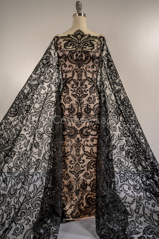 Floral black bridal lace/ black evening lace/ black lace fabric/ floral wedding lace/ black couture lace // L18-194
