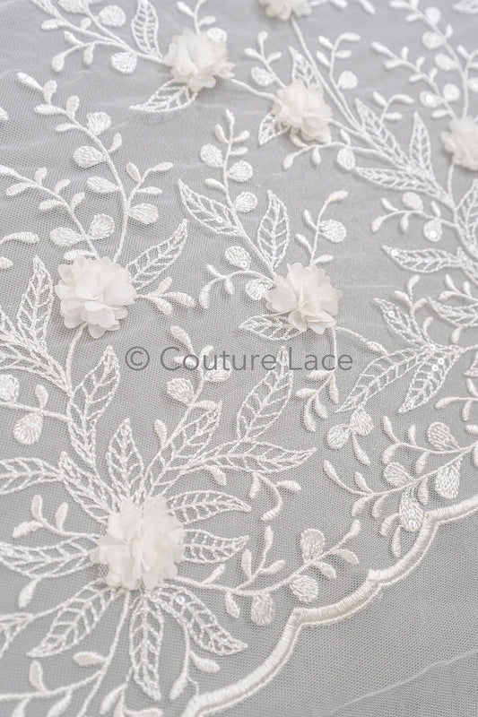 3D Blumen Perlen Spitze Stoff/ Couture Spitzen Stoff mit Folgen/ Braut Spitzen Stoff/ Hochzeit Spitze// L23-649