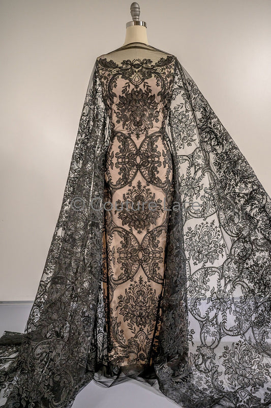 Floral black bridal lace / black bridal lace material / black evening lace / floral lace / black couture lace // L19-212