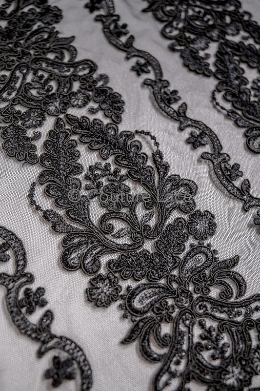 Schwarze Couture-Spitze / Couture-Abendkleid-Spitzenmaterial / schwarzes Abschlussball- oder Halloween-Kleid / schwarze Hochzeitsspitze // L18-193