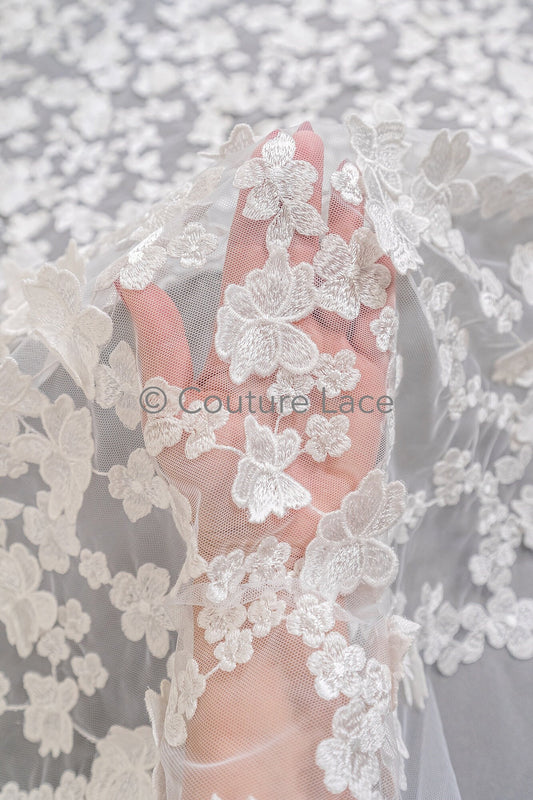 3D Blumen Spitzenstoff/ Braut Spitzenstoff/ romantischer Blumen Spitzenstoff mit 3D Blumen/ Hochzeit Spitzenstoff// L23-634