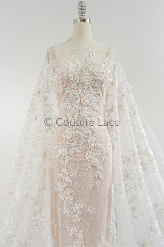 3D Blumen Perlen Spitzen Stoff/ Couture Spitzenstoff mit Perlen/ Braut Spitzenstoff/ Brautspitze// L23-638