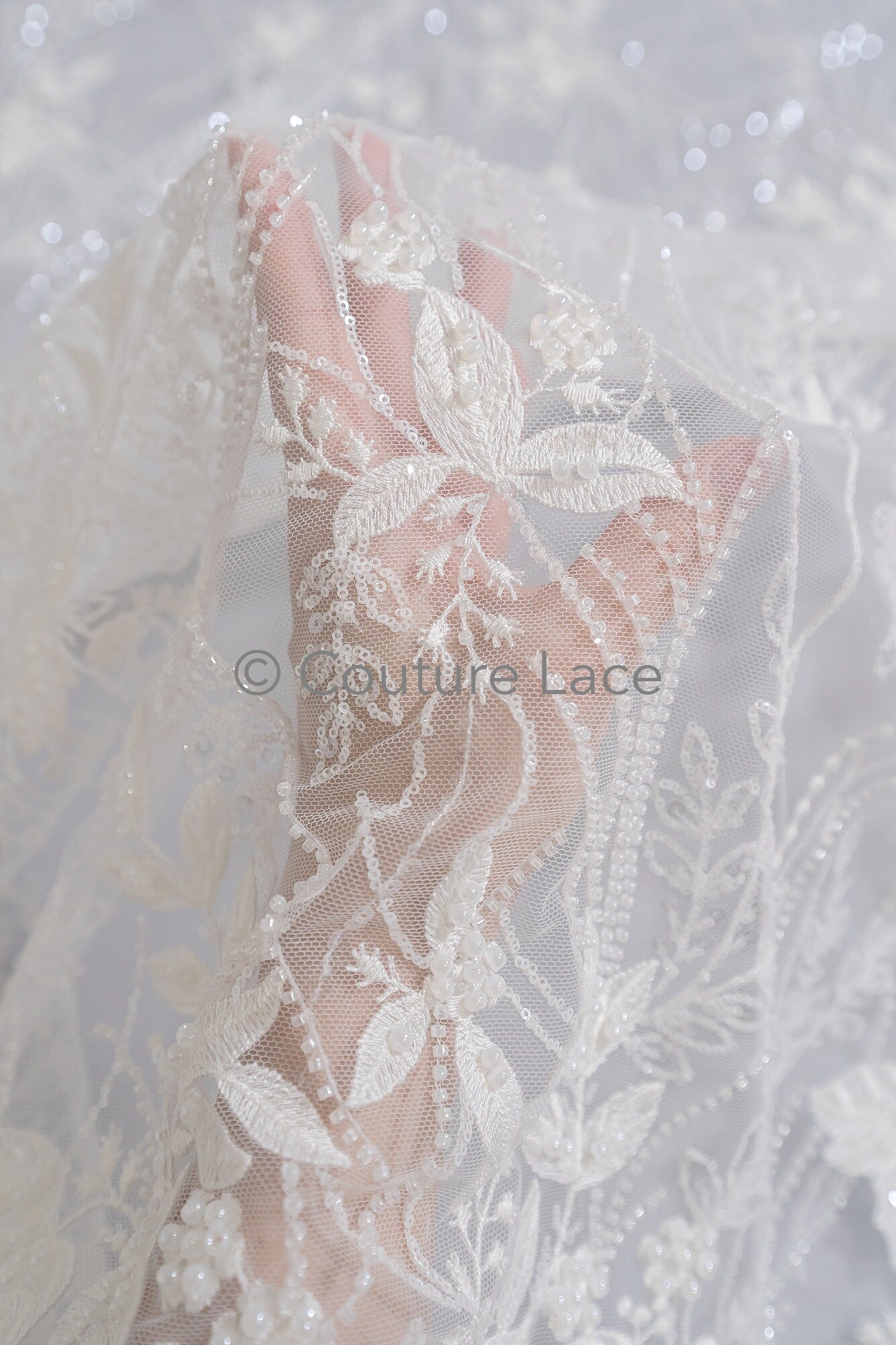 Perlen Spitzenstoff/ Couture Spitzenstoff mit Perlen/ Braut Spitzenstoff/ Perlen Spitze// L23-651