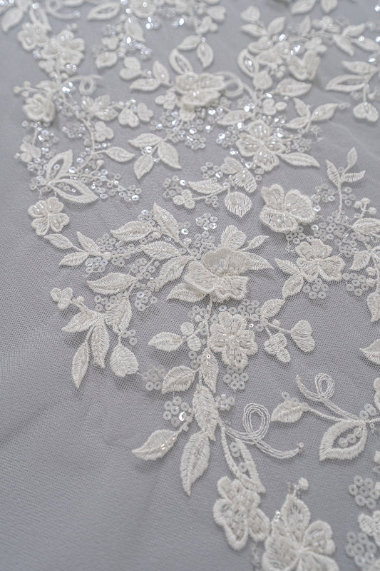 3D Blumen Spitzenstoff/ Braut Spitzenstoff/ romantischer Blumen Spitzenstoff mit 3D Blumen/ Hochzeit Spitzenstoff// L23-654