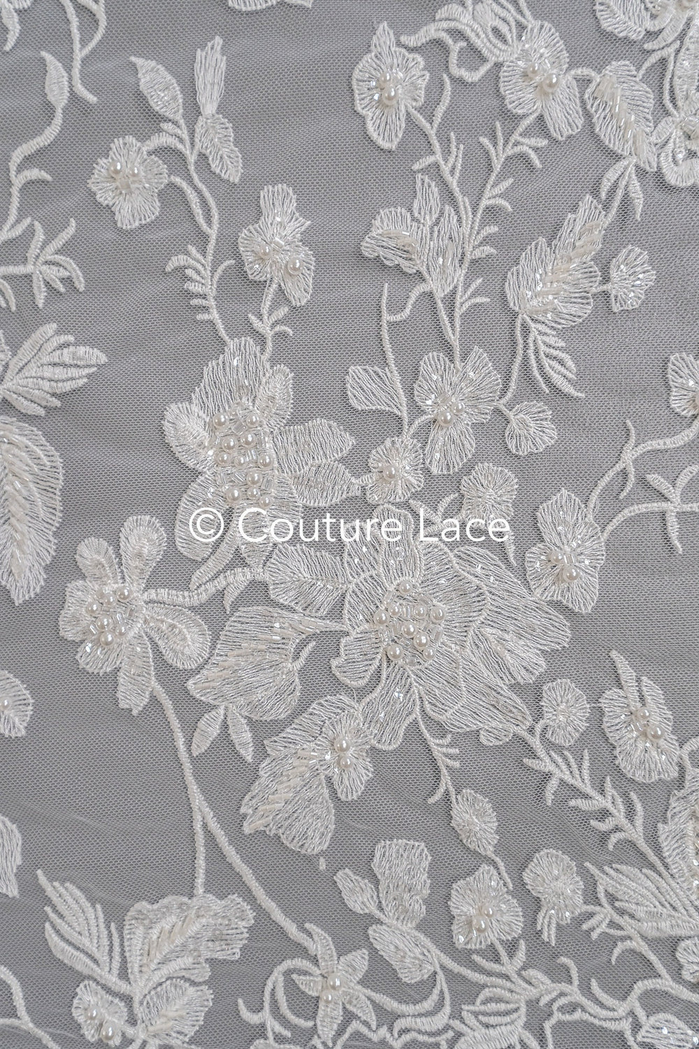 Beaded lace fabric/ Couture lace fabric with pearls, beads and pearl rows/ Bridal lace/ Beaded lace fabric// L23-637