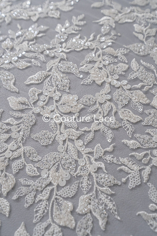 Blumen Perlen Spitzenstoff Off-White/ Couture Spitze Stoff/ Brautspitzenstoff mit Perlen & Pailletten/ Perlen Spitze// L23-656