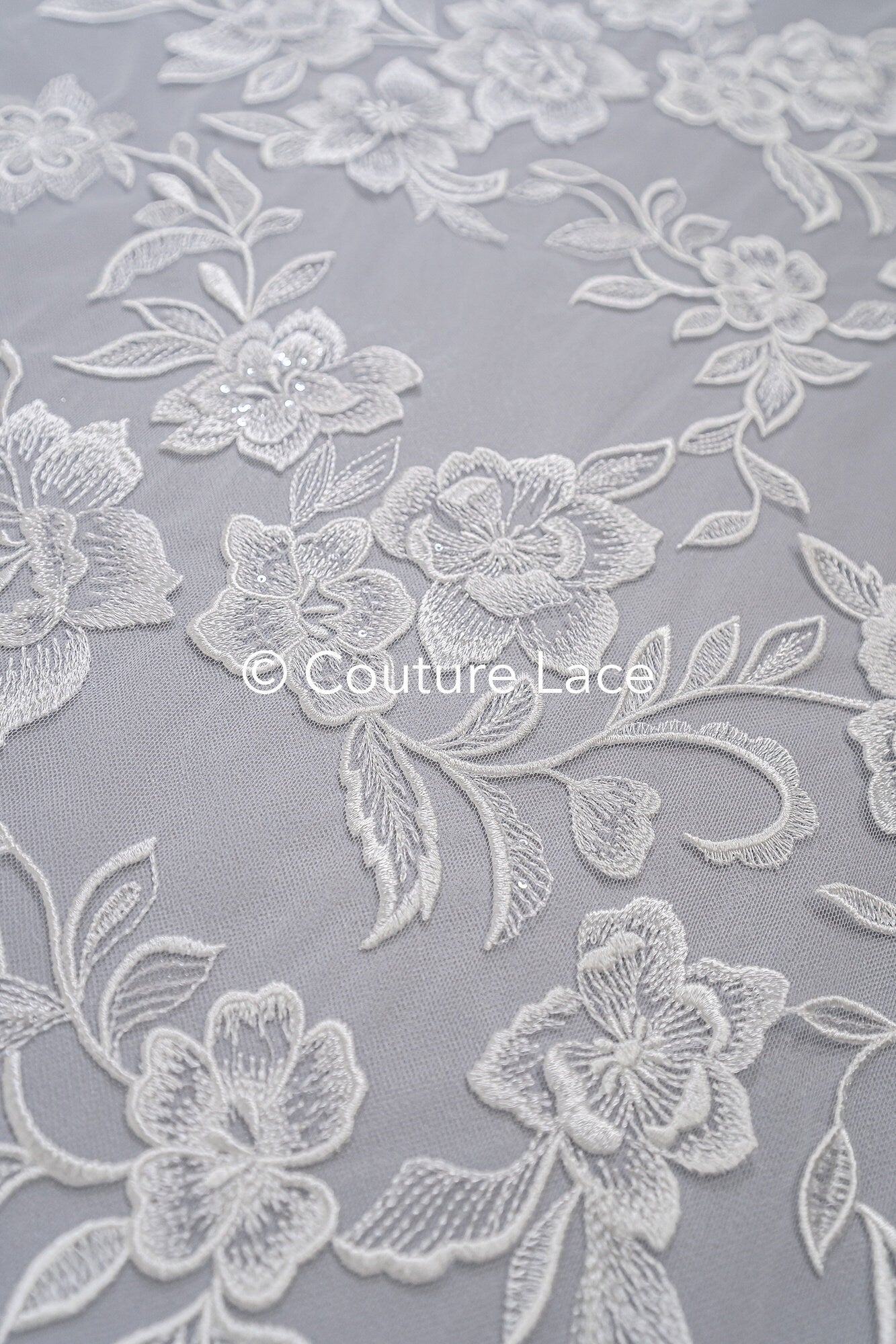 Floral bridal lace/ bridal lace fabric off-white/ bridal lace with sequins/ floral wedding lace/ couture lace// L23-661