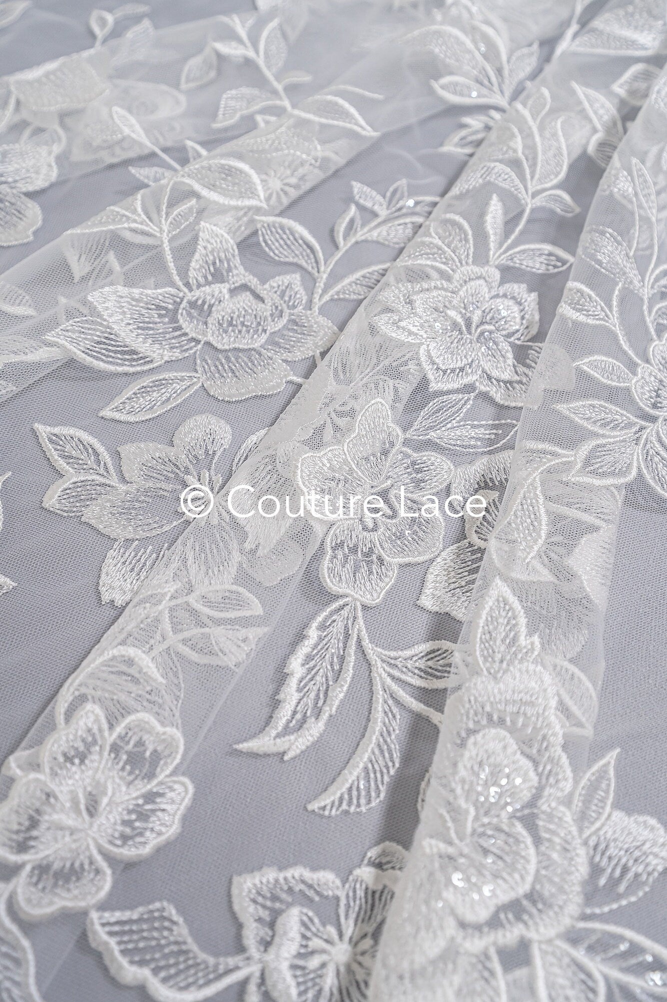 Floral bridal lace/ bridal lace fabric off-white/ bridal lace with sequins/ floral wedding lace/ couture lace// L23-661