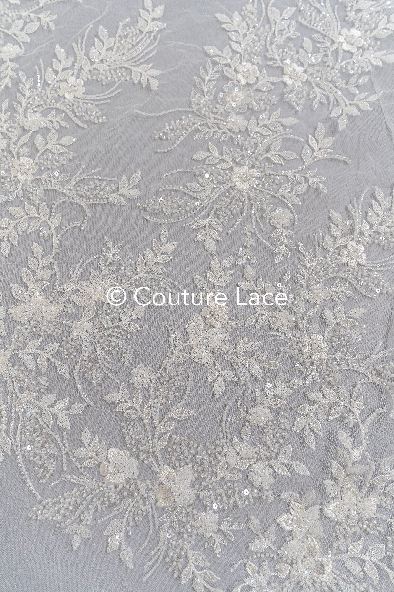 Pearl lace fabric off-white/ Couture lace fabric with pearls &amp; sequins/ Bridal lace fabric/ Pearl lace// L23-251N