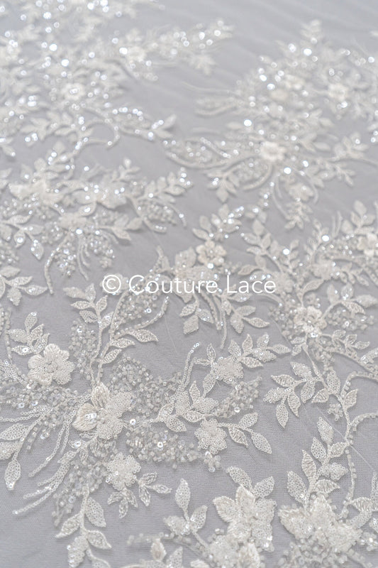 Perlen Spitzenstoff Off-White/ Couture Spitzenstoff mit Perlen & Pailletten/ Braut Spitzenstoff/ Perlen Spitze// L23-251N