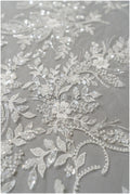 Pearl lace fabric off-white/ bridal lace fabric with pearls// L23-251B
