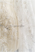 Pearl lace fabric off-white/ bridal lace fabric with pearls// L23-251B