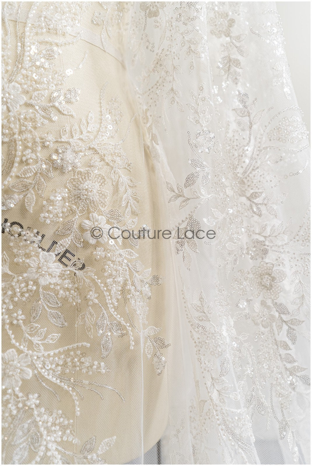 Pearl lace fabric off-white/ bridal lace fabric with pearls// L23-251B