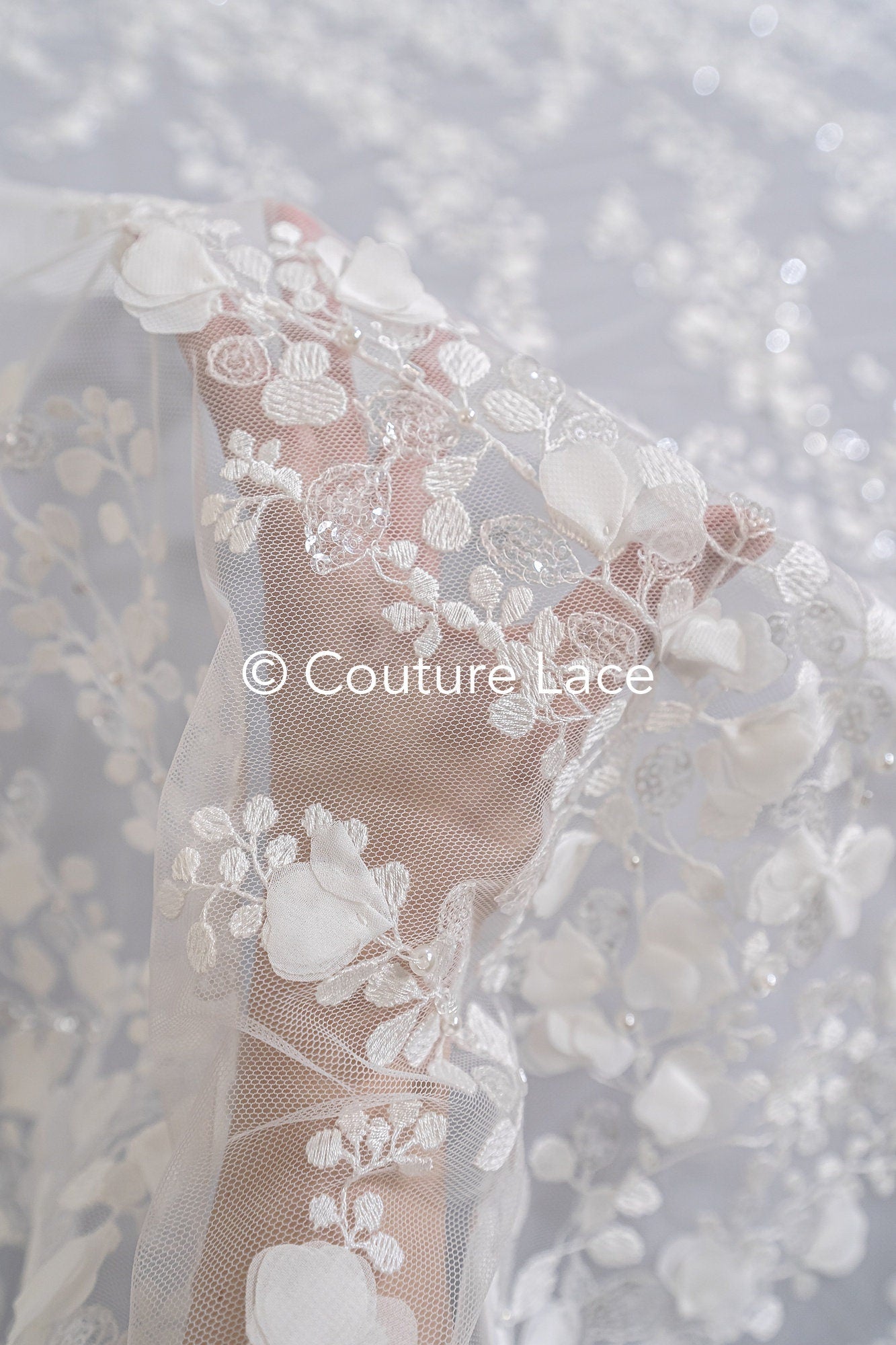 3D Blumen Spitzenstoff Off-White/ Braut Spitzenstoff/ romantischer Spitzenstoff mit 3D Blumen/ Hochzeit Spitzenstoff// L23-664