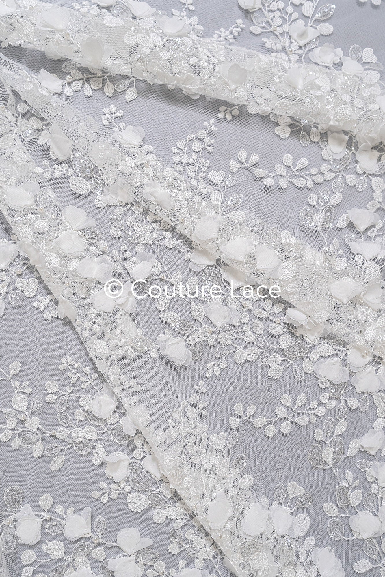 3D Blumen Spitzenstoff Off-White/ Braut Spitzenstoff/ romantischer Spitzenstoff mit 3D Blumen/ Hochzeit Spitzenstoff// L23-664