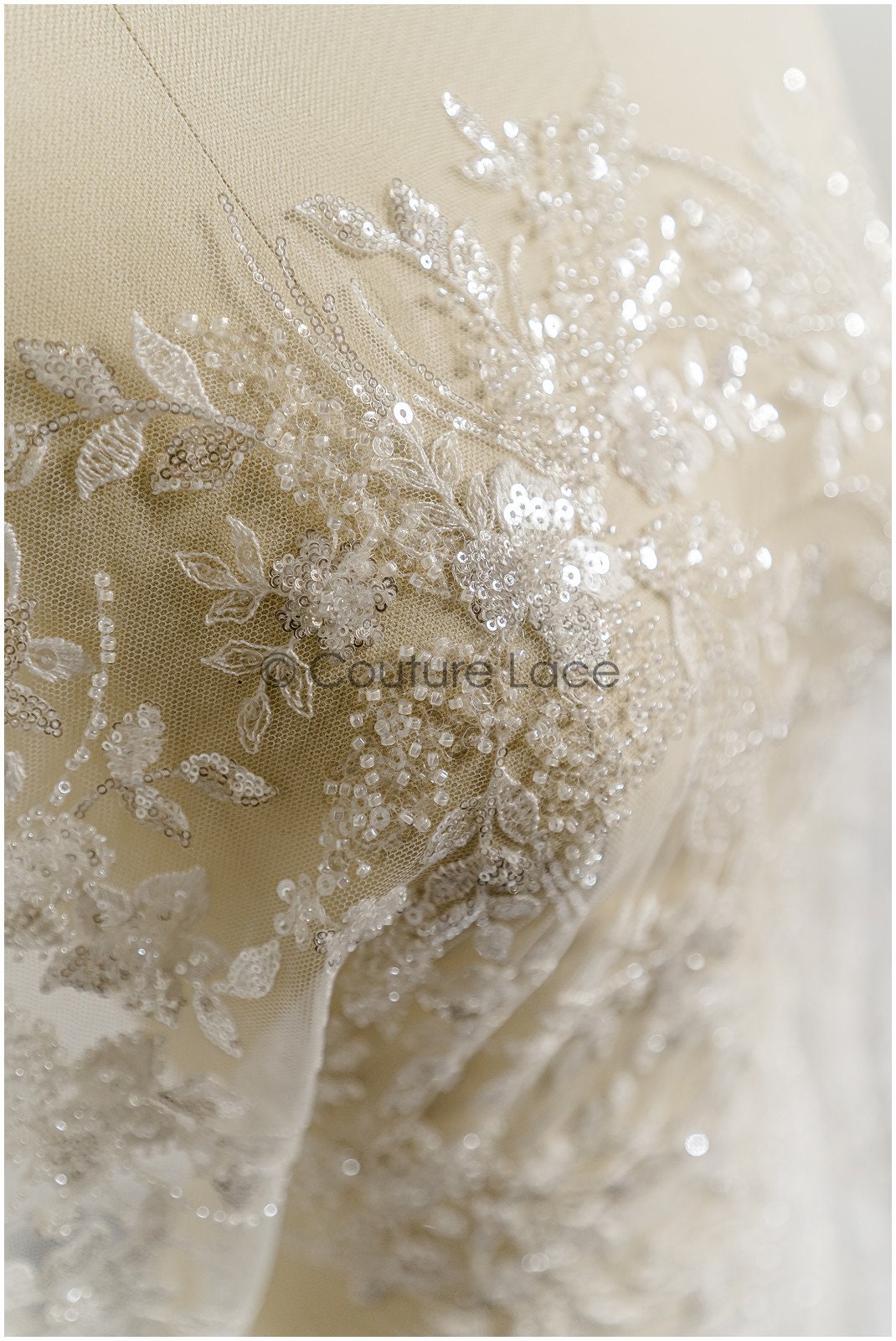 Pearl lace fabric off-white/ bridal lace fabric with pearls// L23-251B