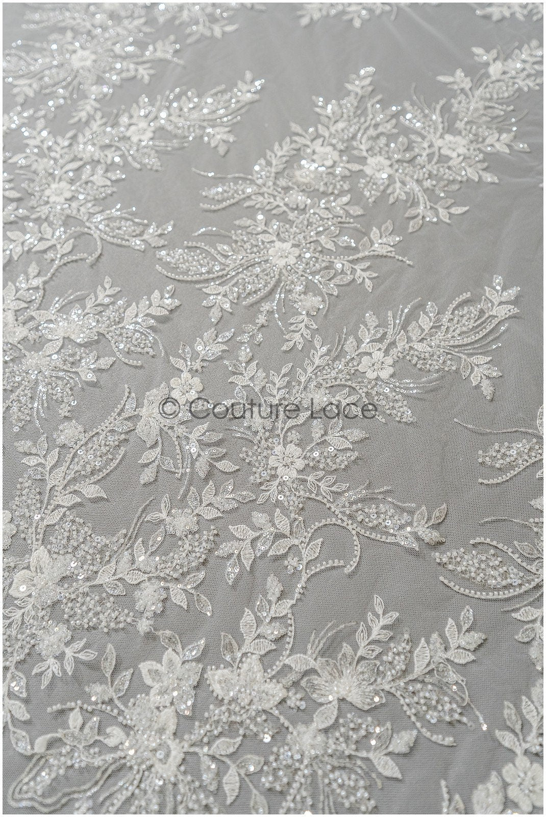 Pearl lace fabric off-white/ bridal lace fabric with pearls// L23-251B