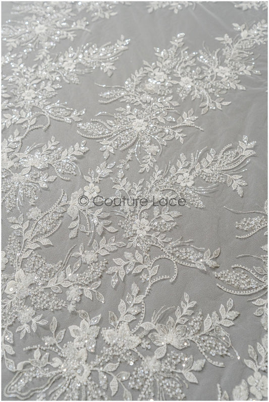 Pearl lace fabric off-white/ bridal lace fabric with pearls// L23-251B