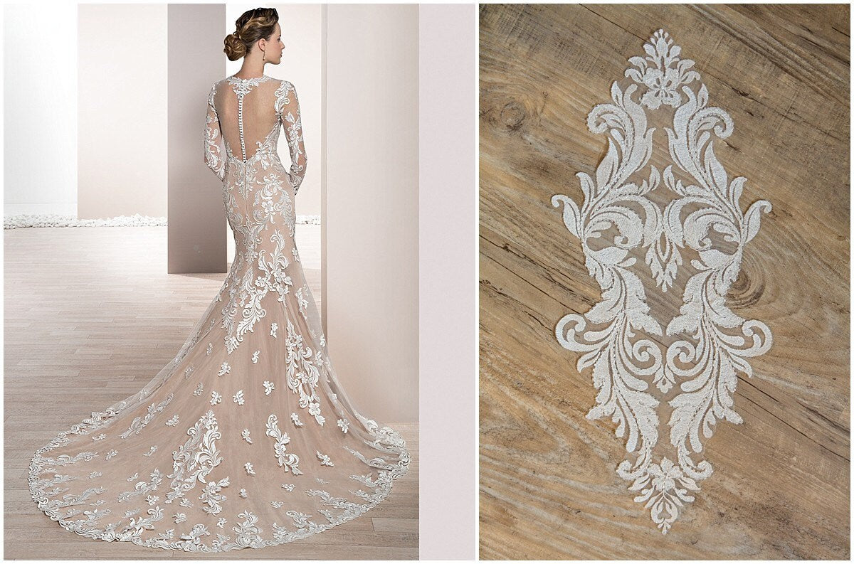 Hochzeitskleid Applikation, Lace Ornament, Große Spitzen Applikation, Blumen Applikation, Spitzenblume, Illusion Back Lace Applikation// A17-030