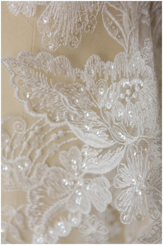2x LARGE mirrored lace - PAIR = 2 yds/ Floral lace trim off-white/ Bridal dress lace/ Sequin lace trim// T17-003