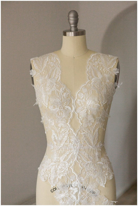 2x LARGE mirrored lace - PAIR = 2 yds/ Floral lace trim off-white/ Bridal dress lace/ Sequin lace trim// T17-003
