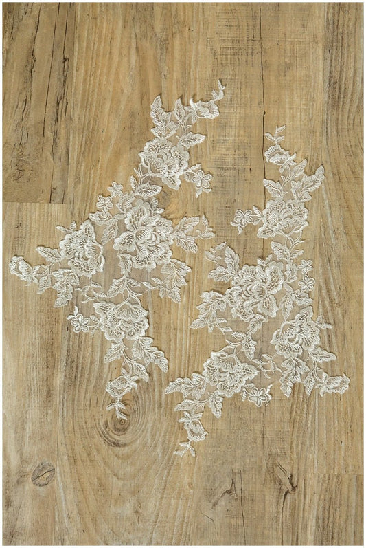 2Stk. gespiegelte Spitzenblumen, Spitzenaufnäher, Spitzenblumen Applikation - IVORY/ SILBER - Brautkleid Applikation, Hochzeitskleid Spitze Blume// A17-055