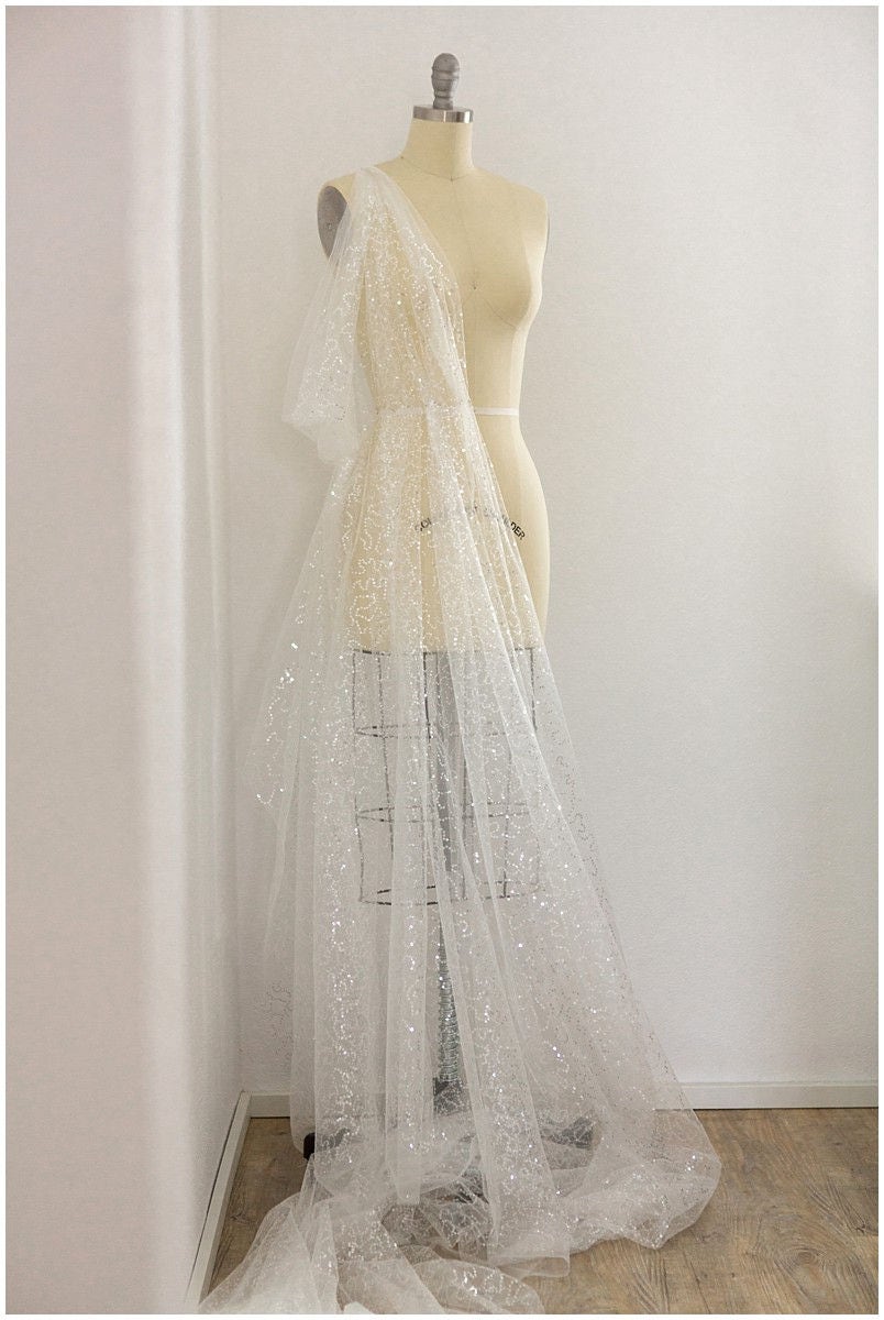 Fine sequin lace/ sequin tulle fabric for wedding dresses/ off-white lace with sequins// L17-067