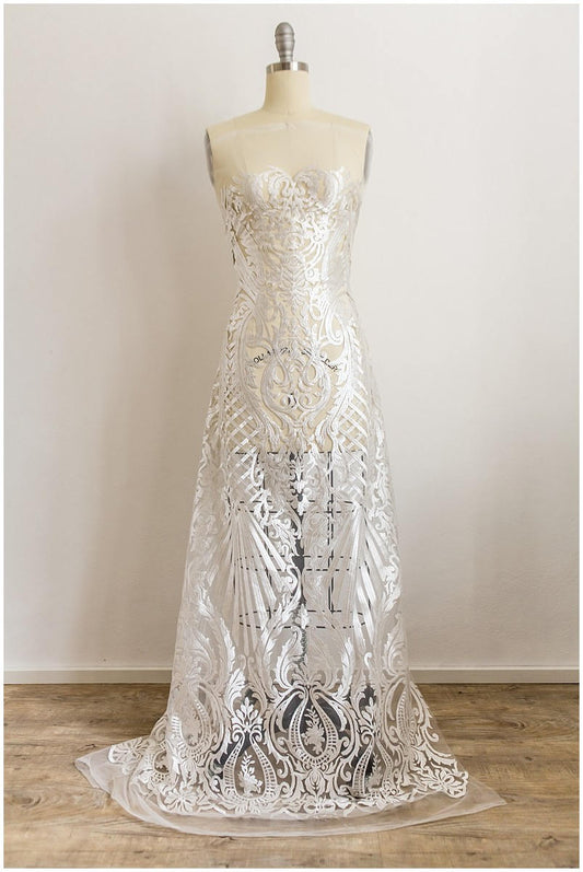 Schwerer uni bestickter Pailletten Spitzenstoff, weiße Spitze, Hochzeitsspitze, Alencon Spitze, Mesh Spitzenstoff, Guipure Lace// L17-061