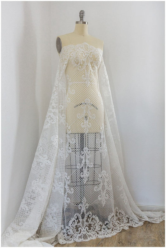 Ornament Netz Spitzenstoff/ Brautkleid Spitze Off-White/ Hochwertiger Spitzenstoff/ Netzstickerei Spitze/ Alencon Spitze// L17-040