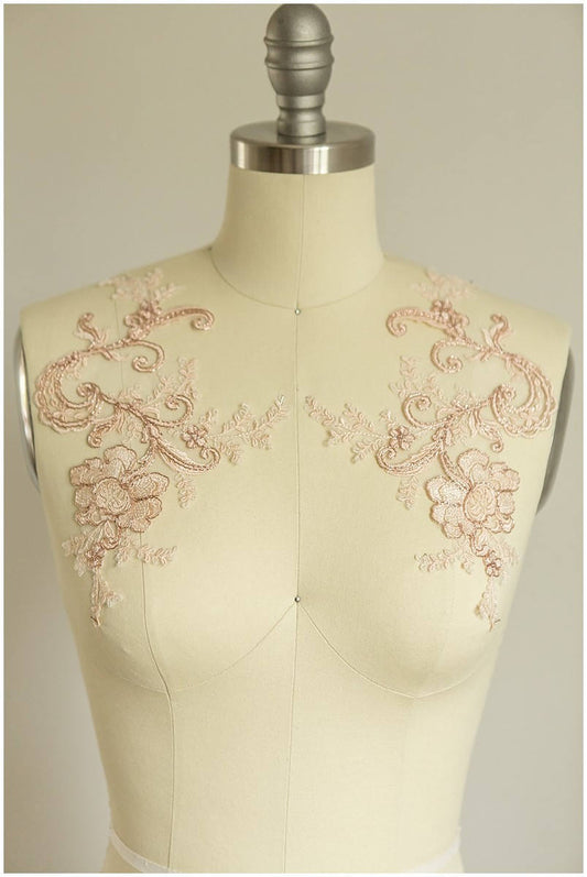 A17-091 / 2x ROSÉ GOLD gespiegelte Spitzenblume Applikation, Spitzenblume, Hochzeitskleid Spitze, Spitzenaufnäher, Brautkleid Applikation