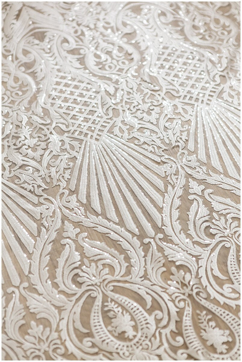 Heavy plain embroidered sequin lace fabric, white lace, wedding lace, Alencon lace, mesh lace fabric, Guipure lace// L17-061