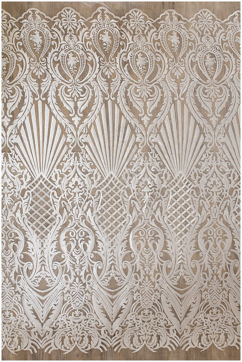 Heavy plain embroidered sequin lace fabric, white lace, wedding lace, Alencon lace, mesh lace fabric, Guipure lace// L17-061