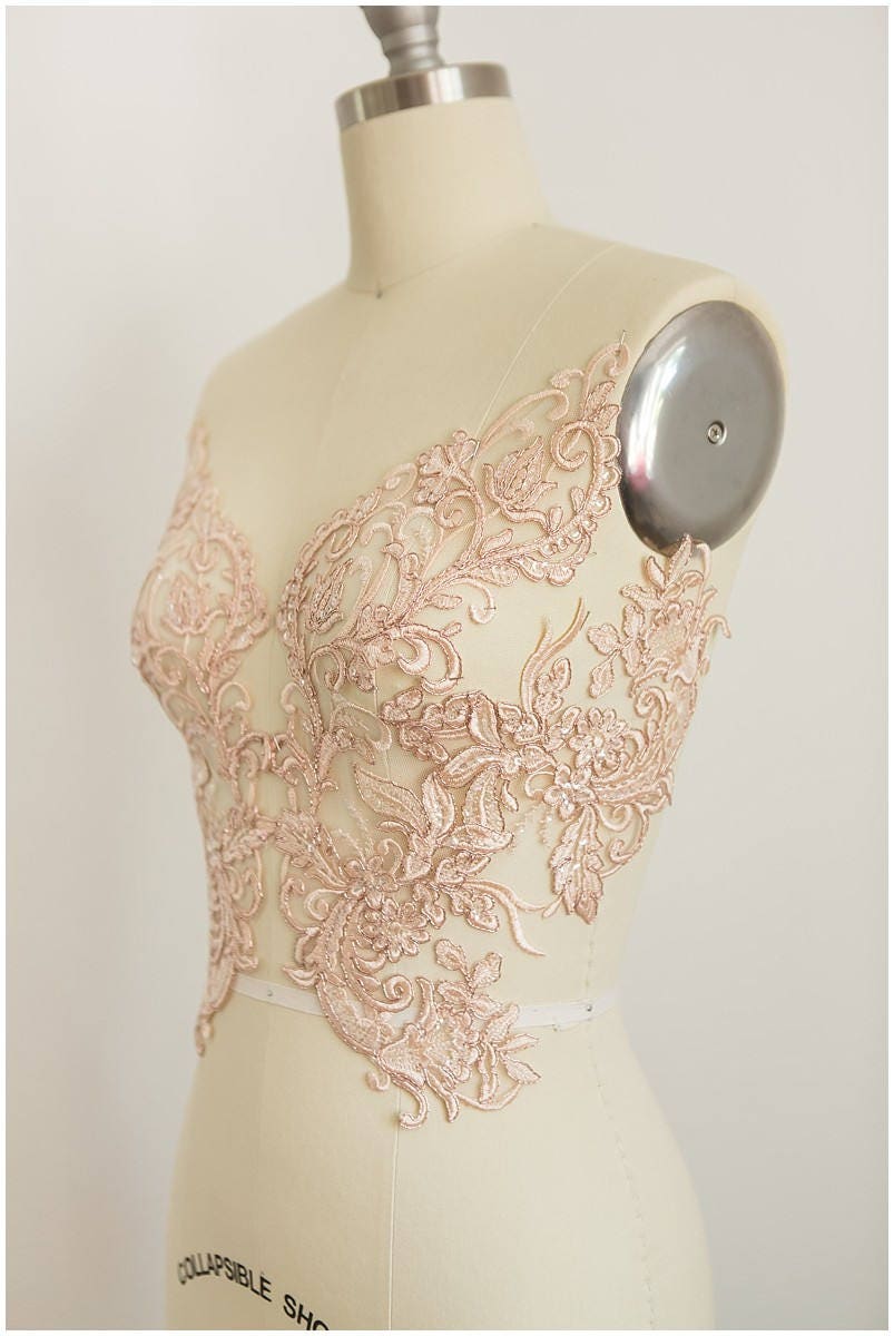 2x große ROSÉ GOLD gespiegelte Spitzenblume Applikation, Spitzenblume, Hochzeitskleid Spitze, Spitzenaufnäher, Brautkleid Applikation, Goldspitze// A17-065