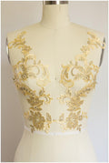 YELLOW + GOLD lace flower applique, mirrored lace flower panel, wedding dress lace, lace patch, bridal dress applique, gold lace // A17-068