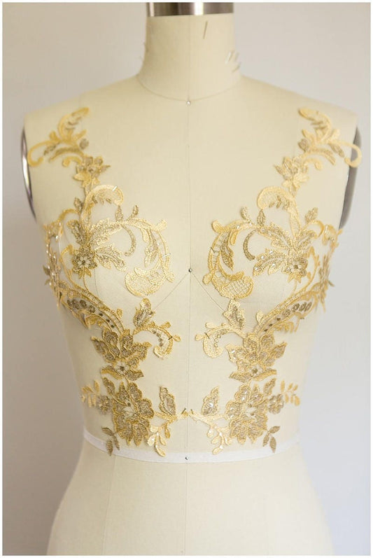 YELLOW + GOLD lace flower applique, mirrored lace flower panel, wedding dress lace, lace patch, bridal dress applique, gold lace // A17-068