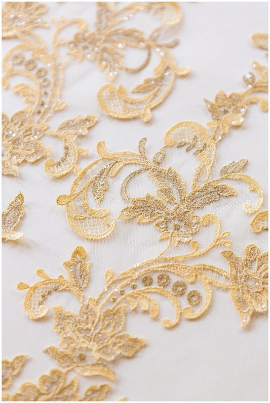 YELLOW + GOLD lace flower applique, mirrored lace flower panel, wedding dress lace, lace patch, bridal dress applique, gold lace // A17-068