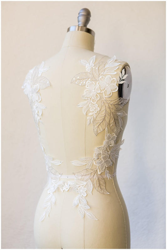 2Stk. 3D Gespiegelte Hochzeitskleid Applikation, Große Spitzen Applikation, Blumen Applikation, große Spitze Blume, Illusion Back Lace, Lace Patch// A17-046