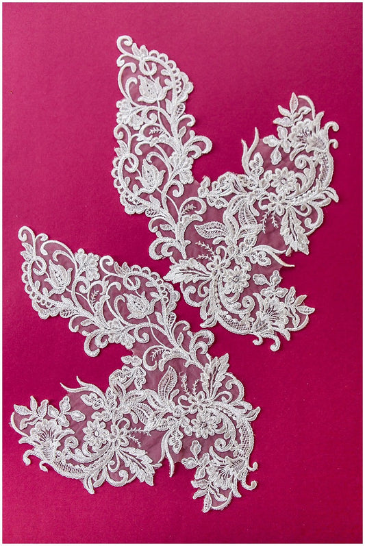 2x große OFF-WHITE Gespiegelte Spitzenblume Applikation, Spitzenblume, Hochzeitskleid Spitze, Spitzenaufnäher, Brautkleid Applikation// A17-029