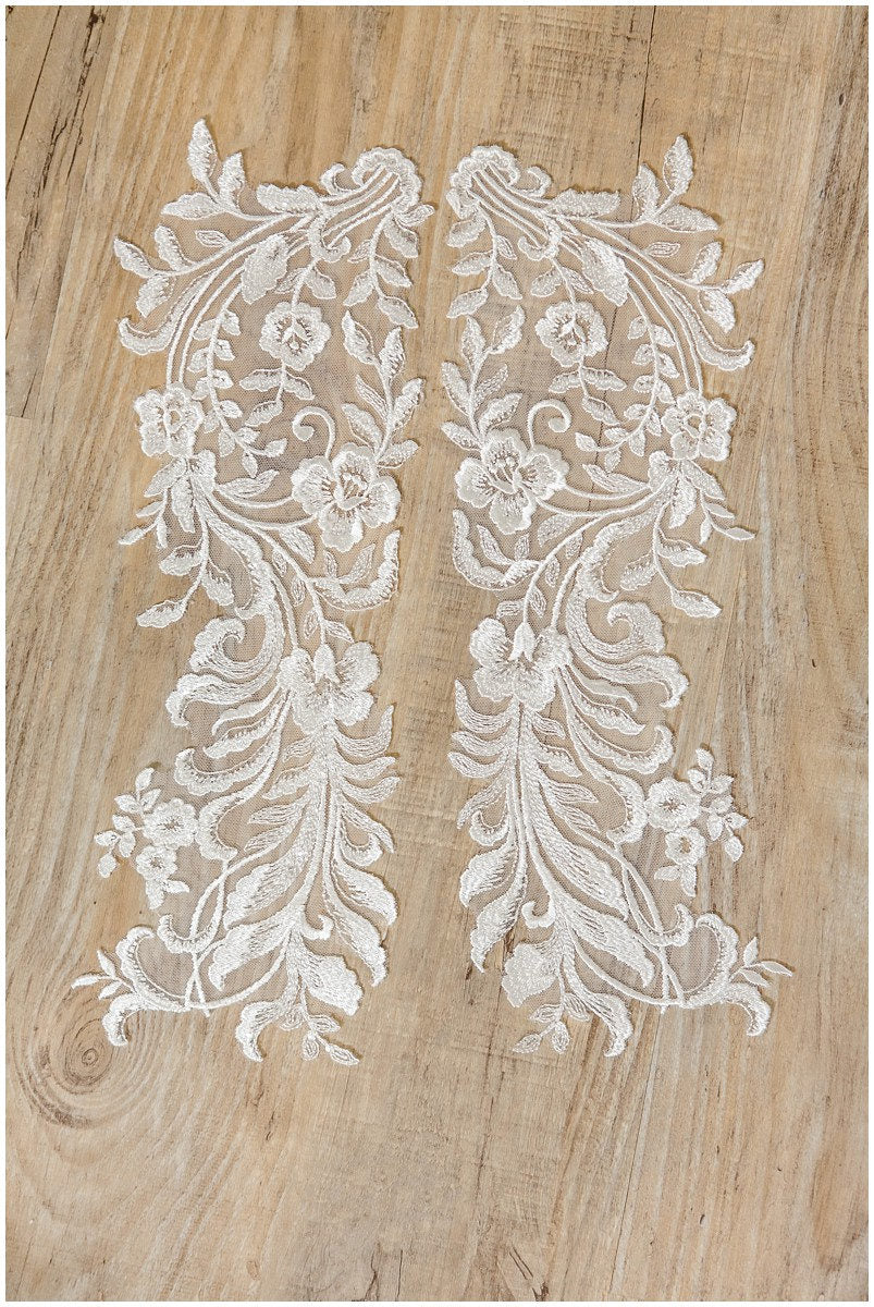 2Stk. gespiegelte weiche Spitzenblumen Applikation für Hochzeitskleider - IVORY + PAILLETTEN - Spitzenblume, Spitzenaufnäher, Brautkleid Applikation// A17-058