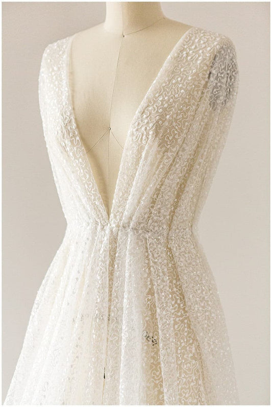 Moderner Pailletten Spitzenstoff/ Pailletten Netzstoff Off-White/ Hochzeitskleid Spitze/ weich bestickter Spitzenstoff/ Braut Spitze// L17-096