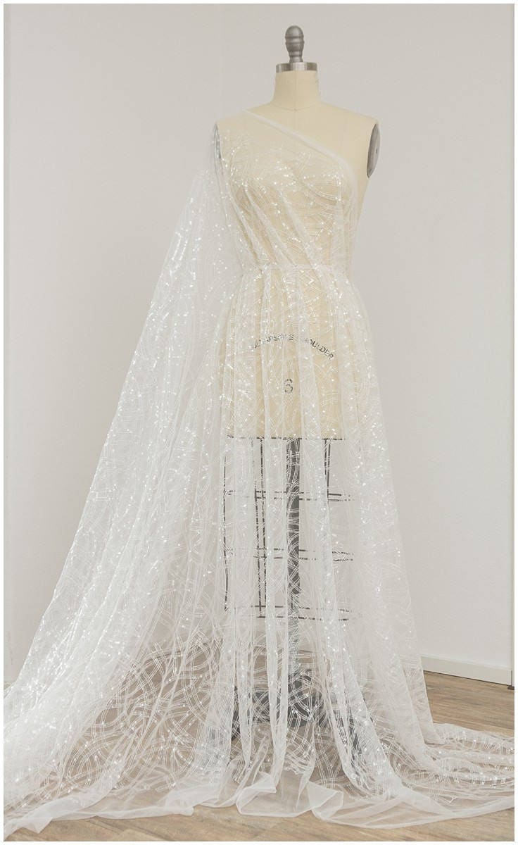 Moderner weicher Pailletten Spitzenstoff, Hochzeitskleid Spitze, Pailletten Tüll Stoff für Brautkleider, Stoff mit glitzernden Pailletten// L17-078