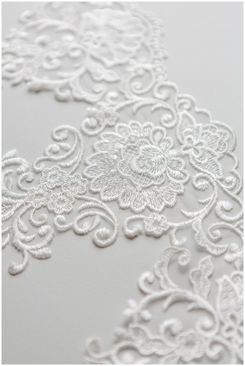 Embroidered lace trim off-white/ elegant bridal lace trim/ veil lace trim/ wedding dress lace trim// T17-042