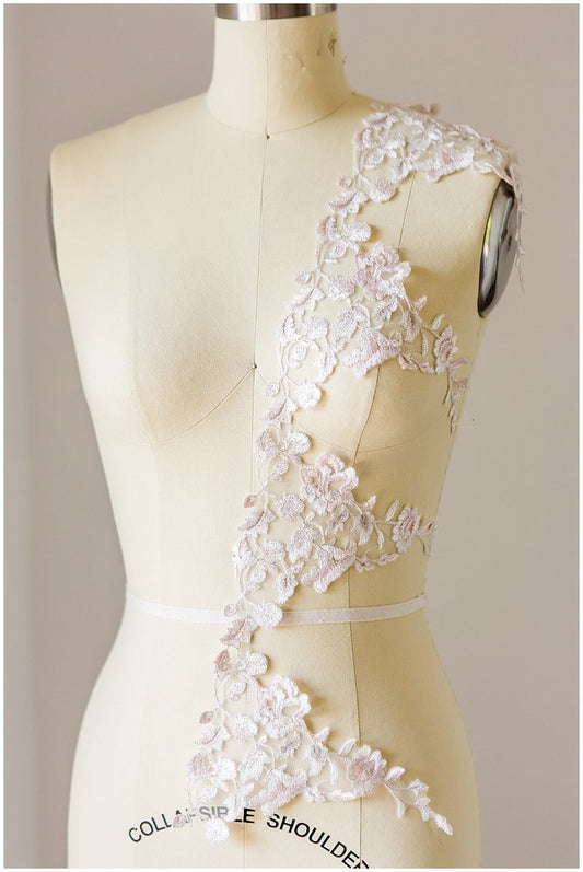 Embroidered lace trim/ elegant bridal lace trim off-white &amp; silver &amp; rose/ floral lace bridal trim/ wedding dress lace trim// T17-006