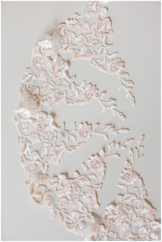Embroidered lace trim/ elegant bridal lace trim off-white &amp; silver &amp; rose/ floral lace bridal trim/ wedding dress lace trim// T17-006