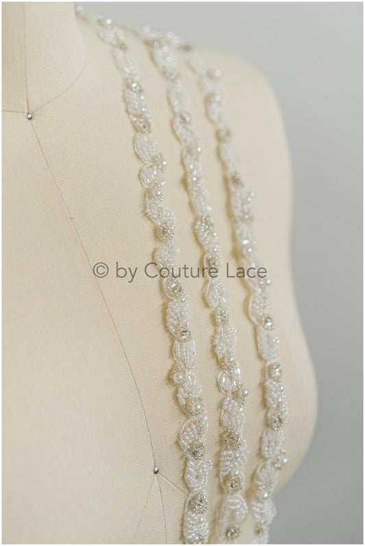 Pearl lace trim off-white silver/ pearl embroidered bridal belt pearl embroidered bridal lace// T19-083