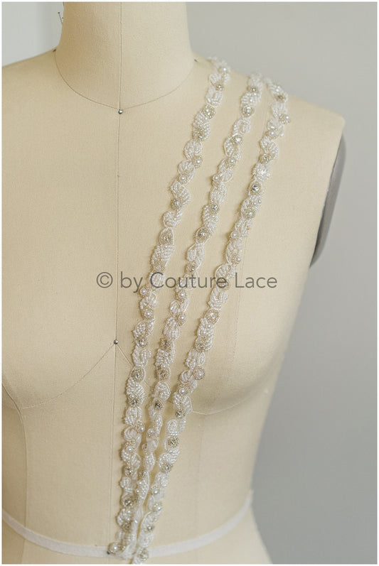 Pearl lace trim off-white silver/ pearl embroidered bridal belt pearl embroidered bridal lace// T19-083
